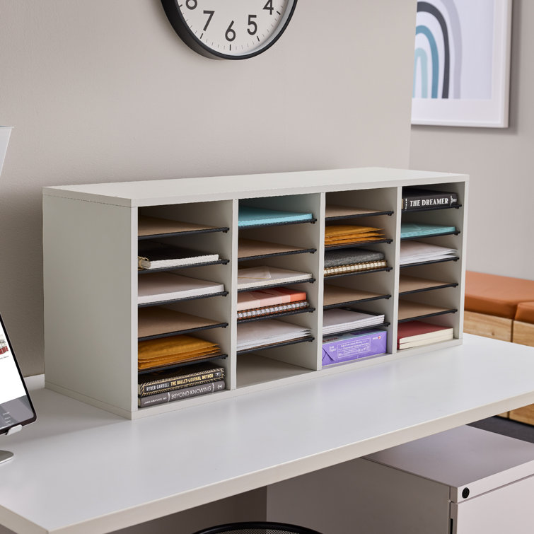 Modular 24-Compartment Gray Literature Sorter with Adjustable Shelves
