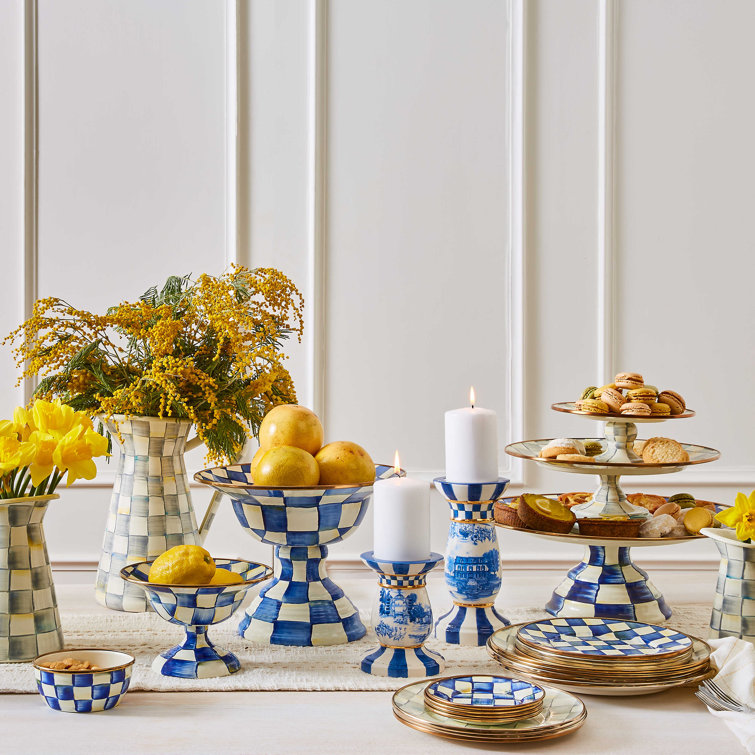 Blue and White Ceramic Tiered Pedestal Platter, 12'' Diameter