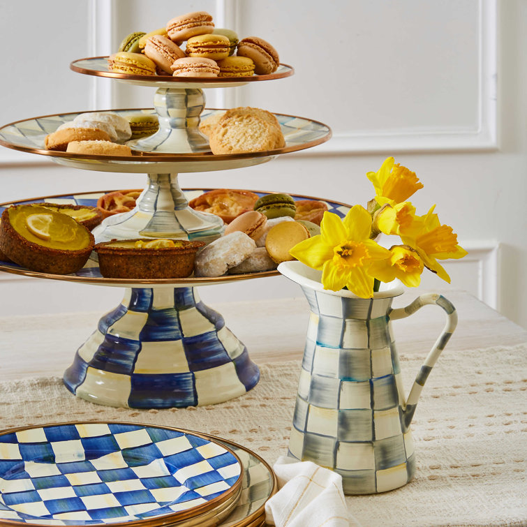 Blue and White Ceramic Tiered Pedestal Platter, 12'' Diameter