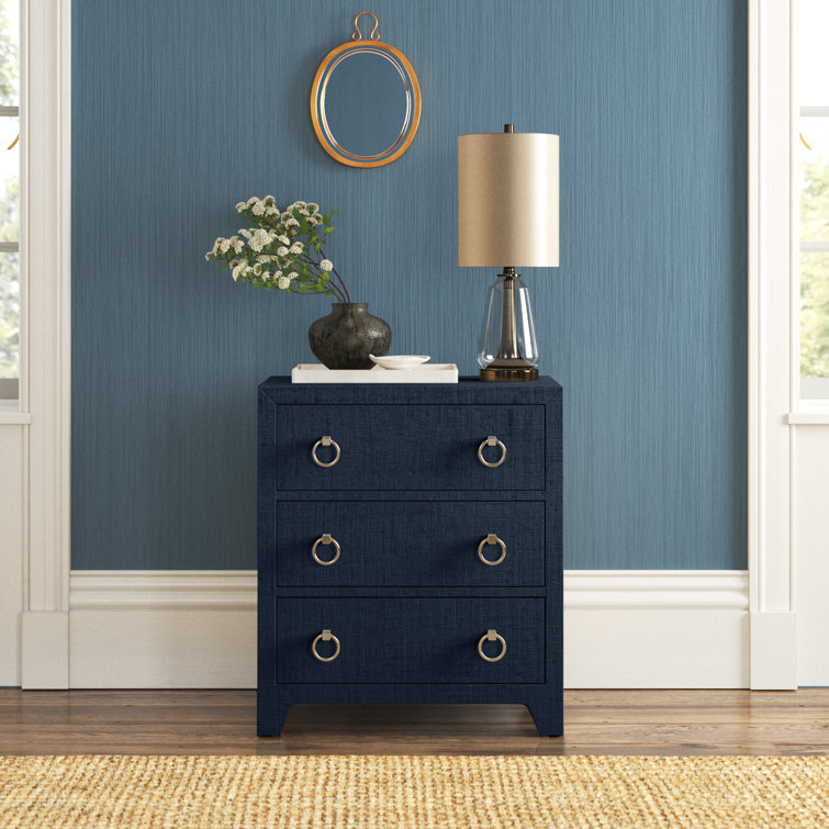 Navy Oak Raffia 3-Drawer Nightstand with Brass Pulls