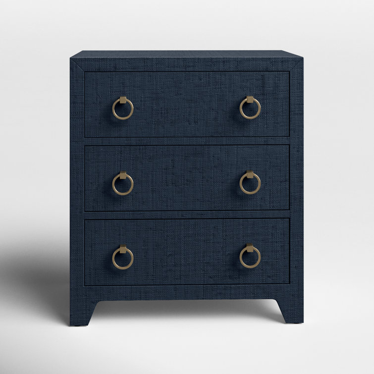 Navy Oak Raffia 3-Drawer Nightstand with Brass Pulls