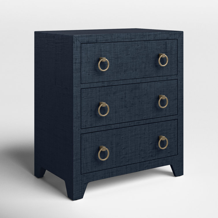 Navy Oak Raffia 3-Drawer Nightstand with Brass Pulls