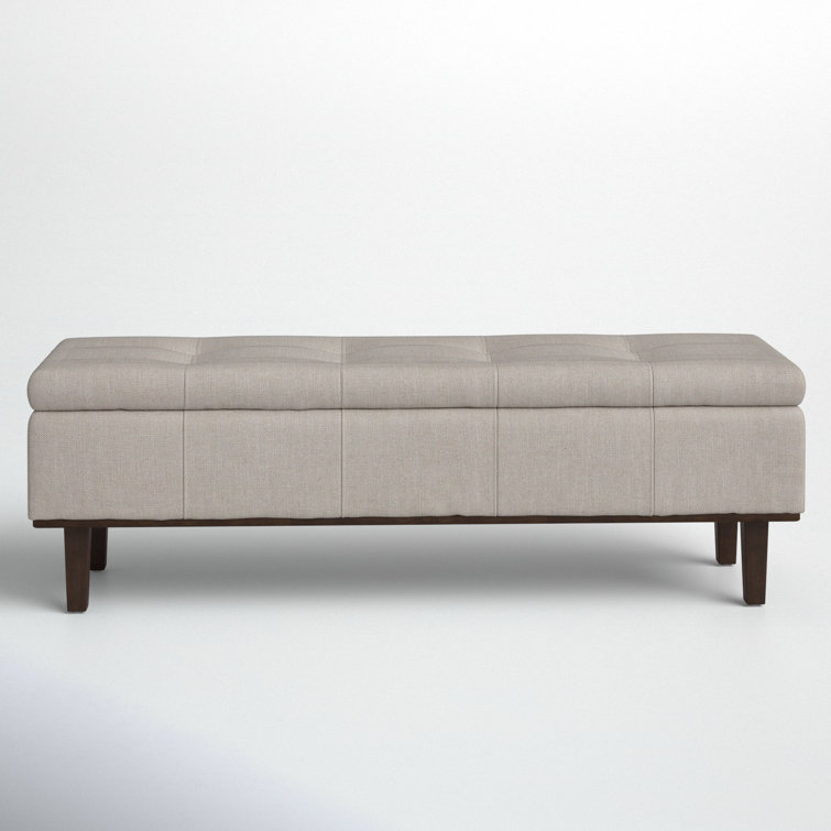 Elegant French Beige Tufted Storage Bench with Contrasting Wood Frame 54"