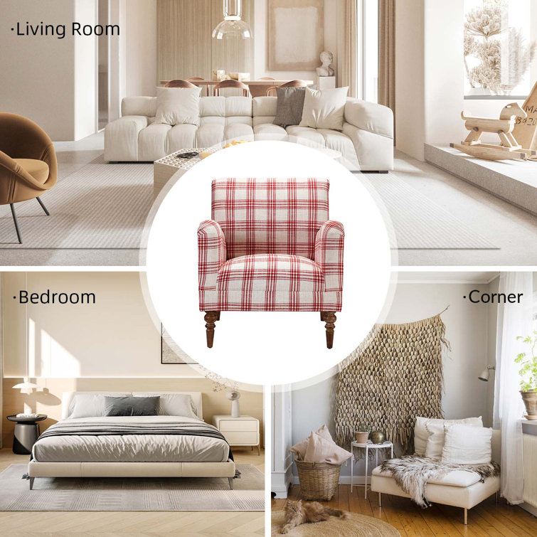 Red Plaid Upholstered Accent Chair with Wooden Legs