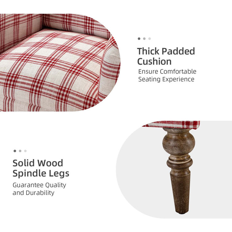 Red Plaid Upholstered Accent Chair with Wooden Legs