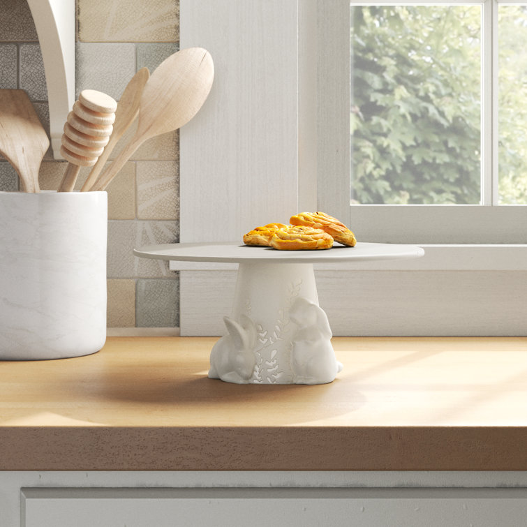 White Ceramic Round Cake Stand with Bunny Design