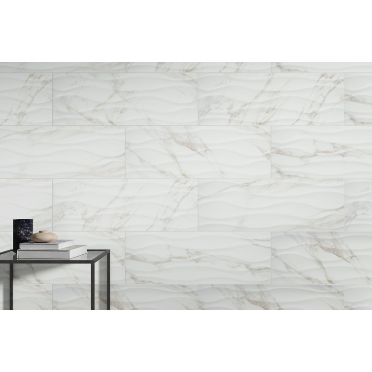 Sculpture 13" x 13" White Ceramic Marble Look Tile