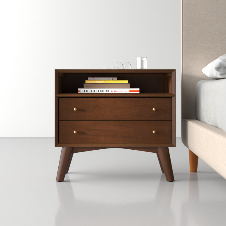 Walnut Brown Mahogany 2-Drawer Nightstand with Shelf