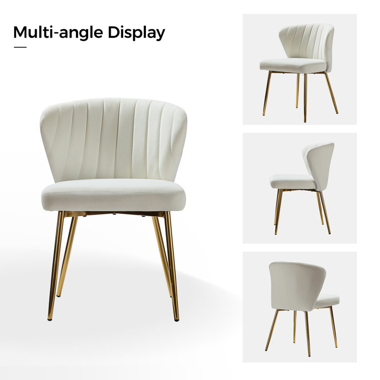 Ivory Velvet Upholstered Wing Back Side Chair Set with Gold Metal Legs