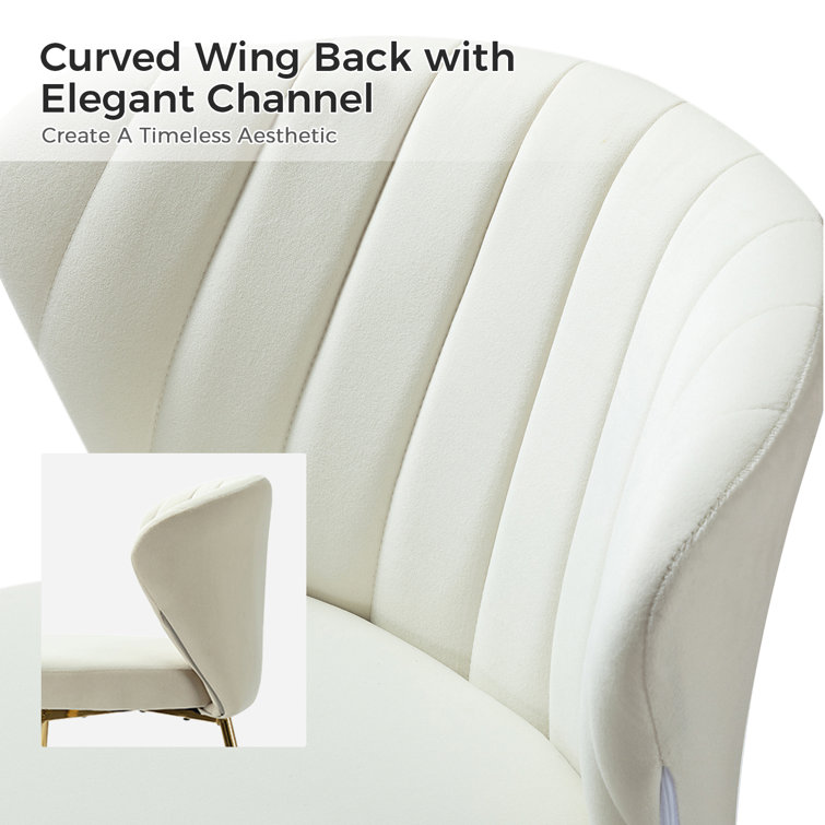 Ivory Velvet Upholstered Wing Back Side Chair Set with Gold Metal Legs