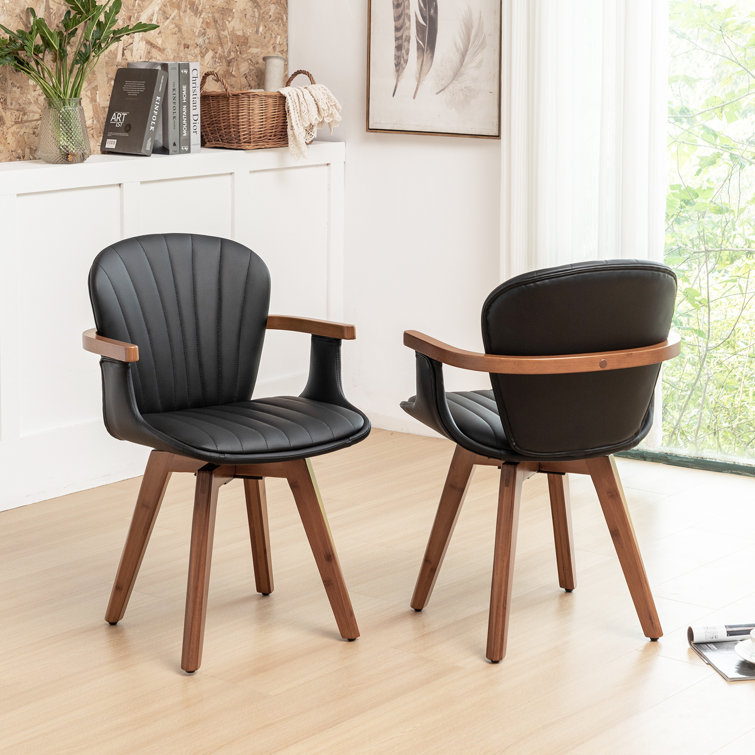Black Faux Leather Swivel Dining Chairs with Bamboo Legs