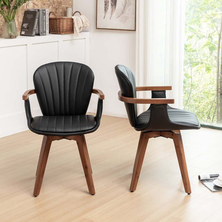 Black Faux Leather Swivel Dining Chairs with Bamboo Legs
