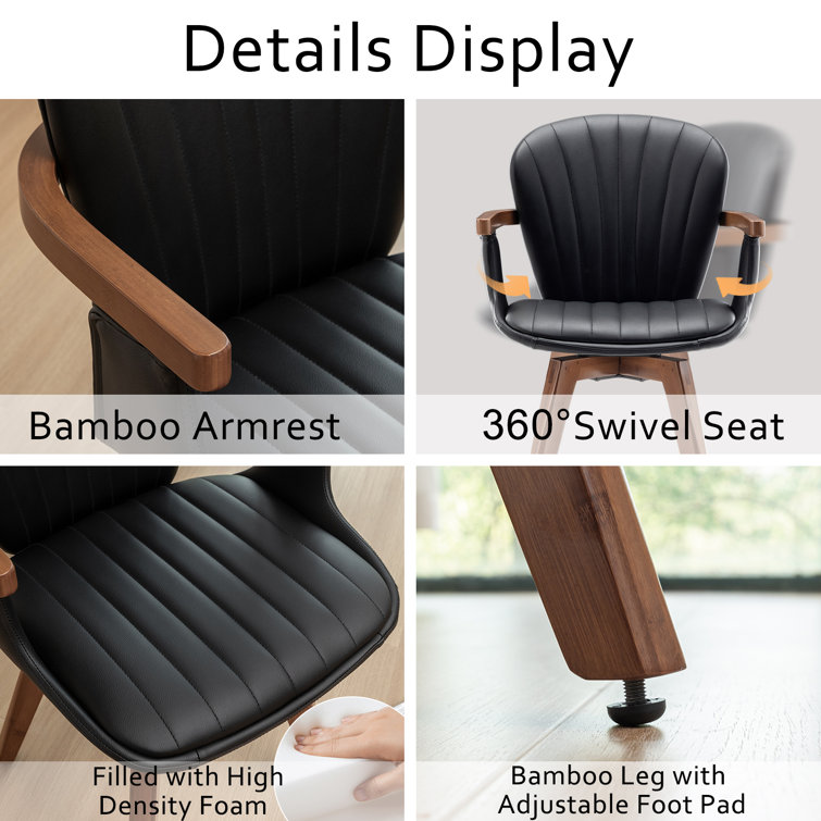 Black Faux Leather Swivel Dining Chairs with Bamboo Legs