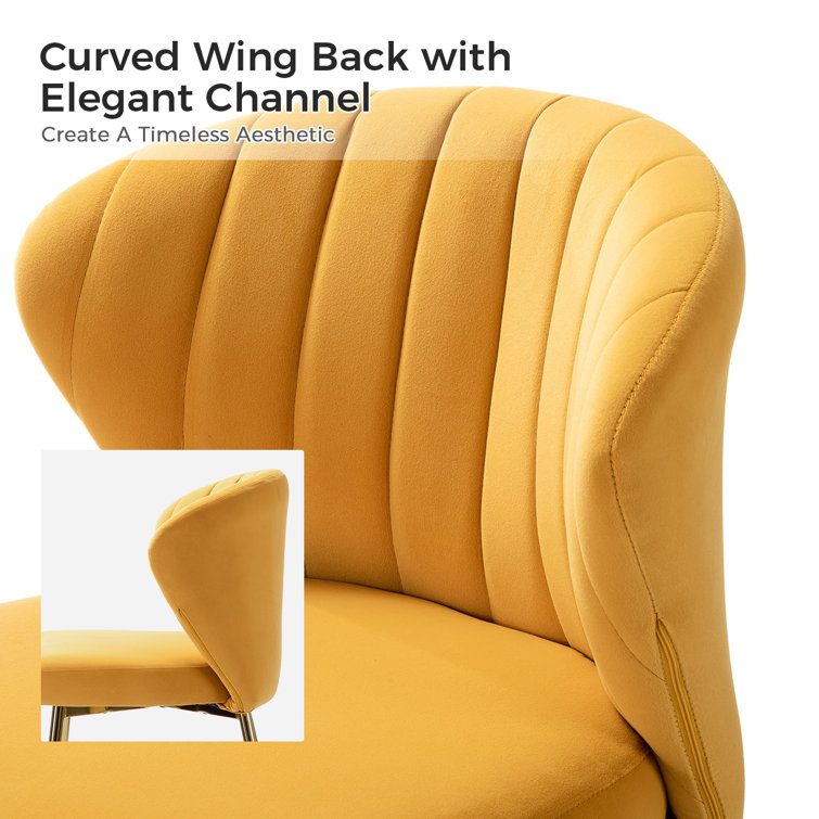 Mustard Velvet Upholstered Wing Back Side Chair Set with Gold Metal Legs