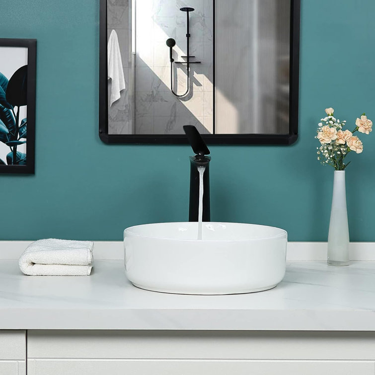 14'' Round White Ceramic Above-Counter Vessel Sink with Pop-Up Drain