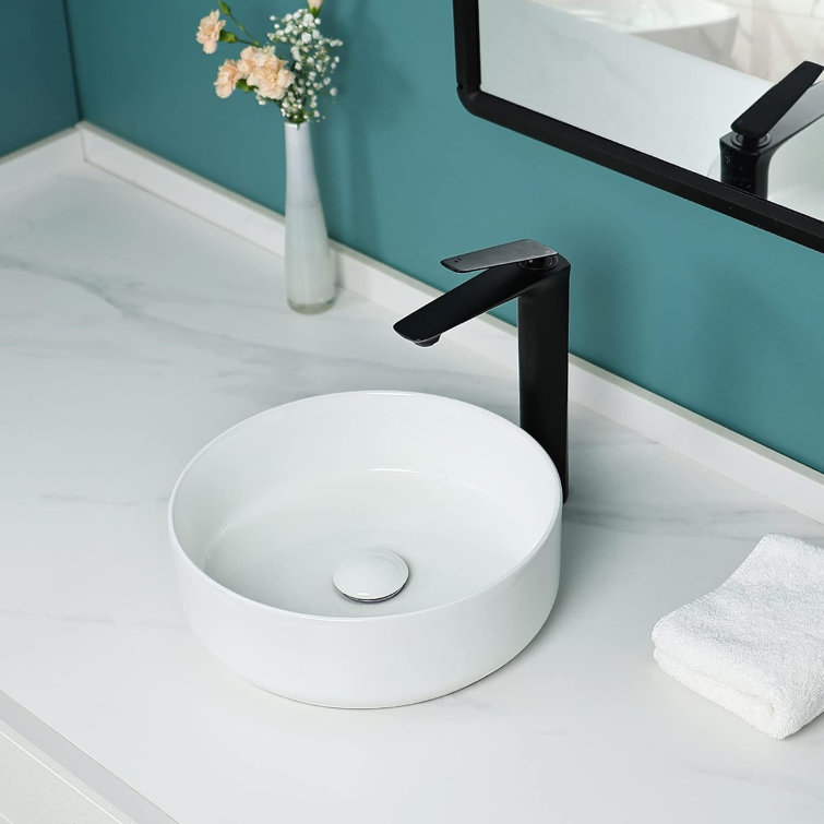 14'' Round White Ceramic Above-Counter Vessel Sink with Pop-Up Drain
