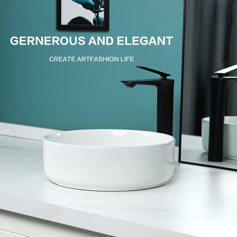 14'' Round White Ceramic Above-Counter Vessel Sink with Pop-Up Drain