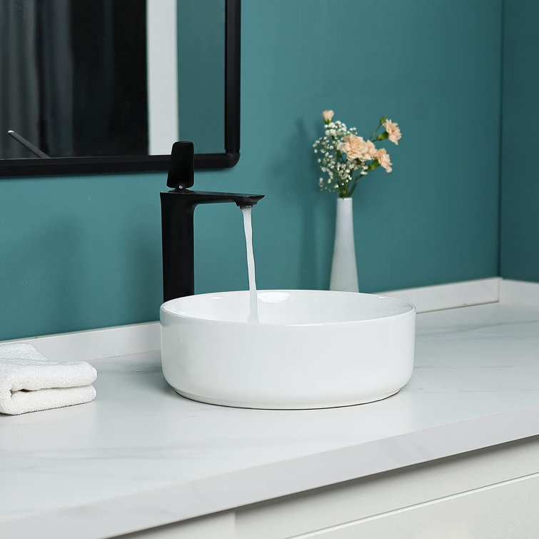 14'' Round White Ceramic Above-Counter Vessel Sink with Pop-Up Drain