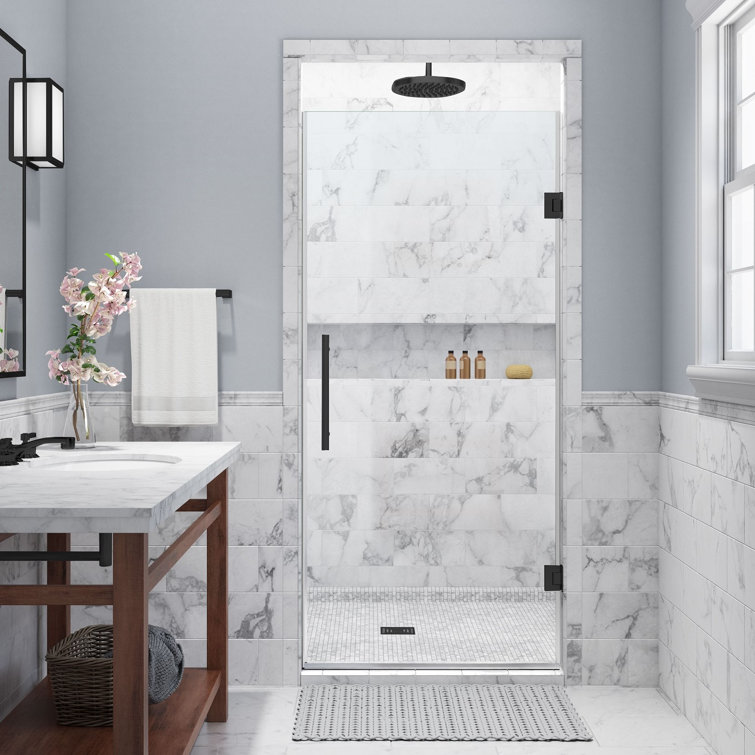 Kinkade 31" Matte Black Frameless Hinged Shower Door with Clear Tempered Glass