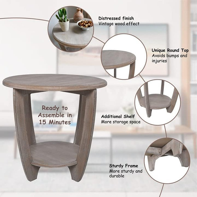 Vintage Grey French Country Round End Table with Storage Shelf