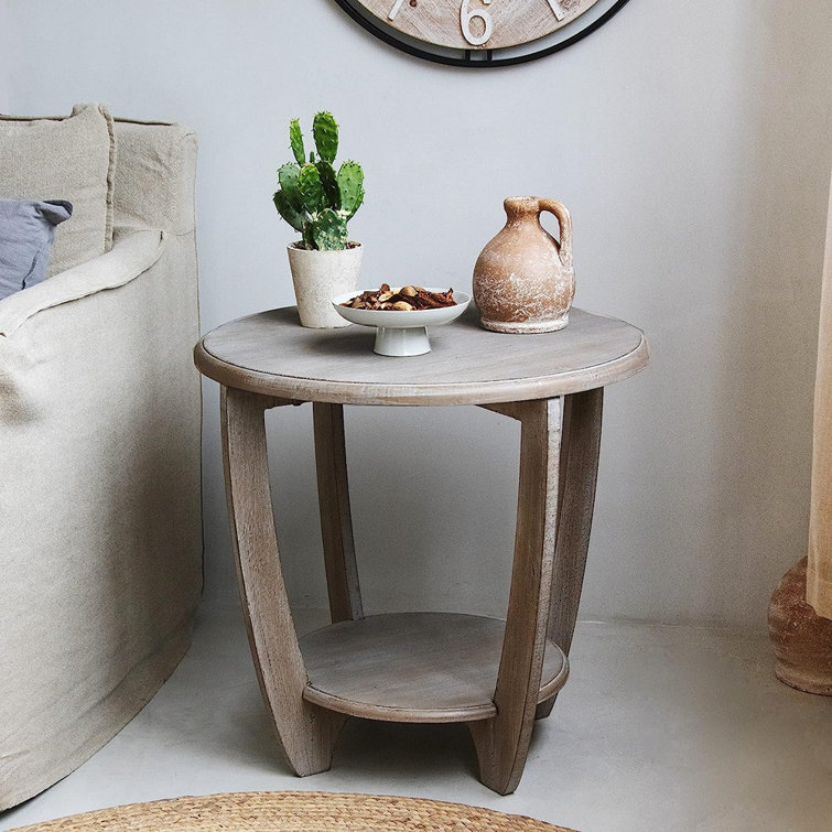 Vintage Grey French Country Round End Table with Storage Shelf