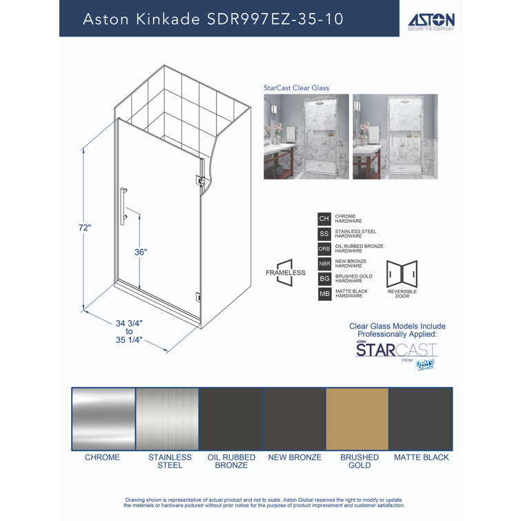 Kinkade 35" x 72" Frameless Clear Tempered Glass Shower Door