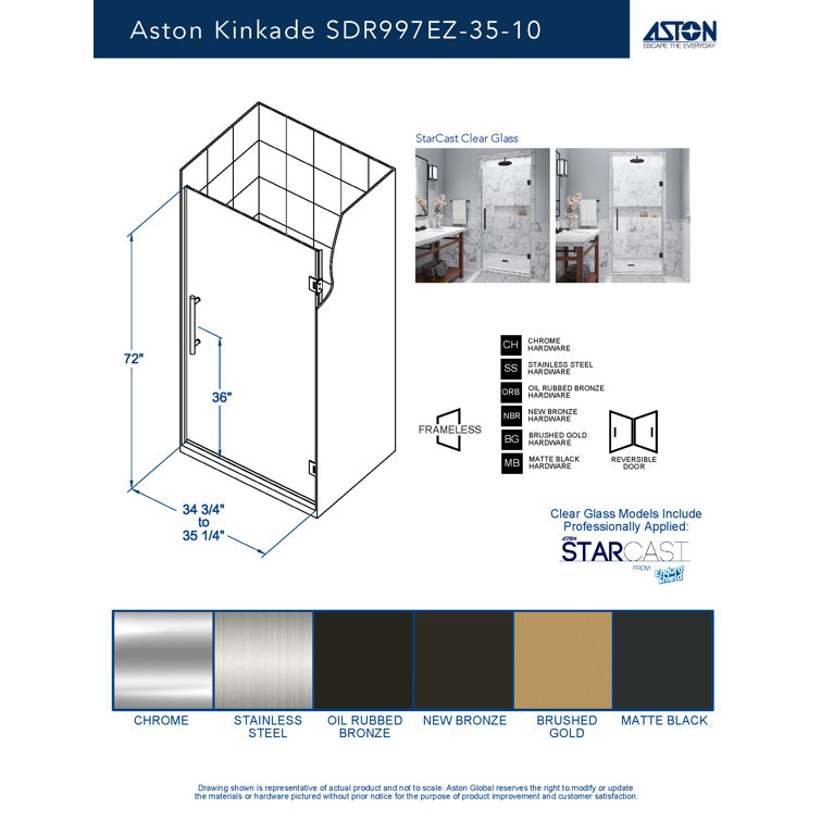 Kinkade Matte Black Frameless Hinged Shower Door with Clear Tempered Glass