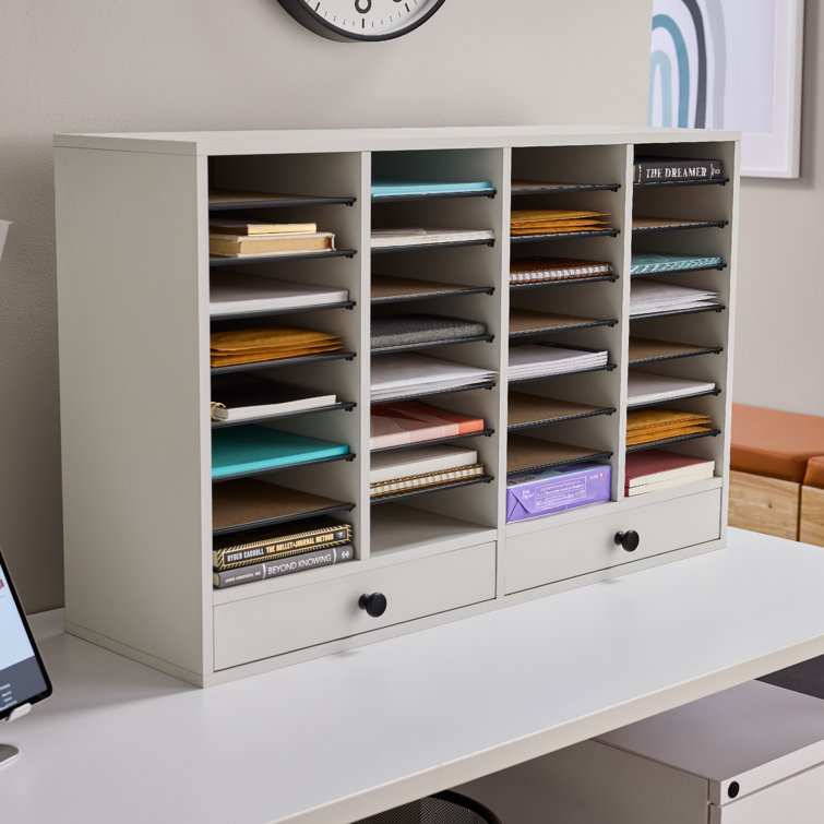 Gray Compressed Wood 32-Compartment Literature Organizer with Adjustable Shelves