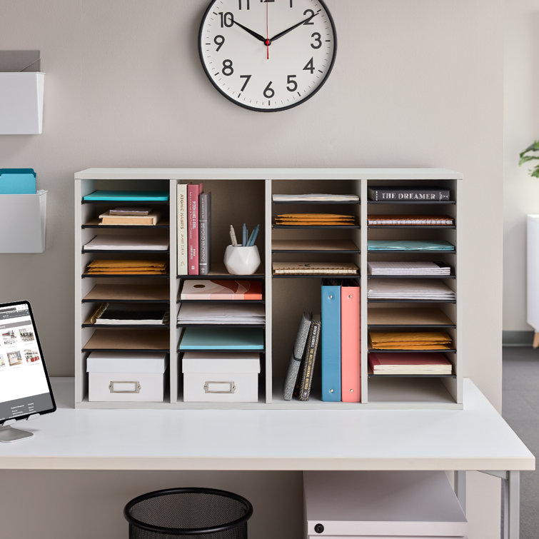 Gray Compressed Wood 32-Compartment Literature Organizer with Adjustable Shelves