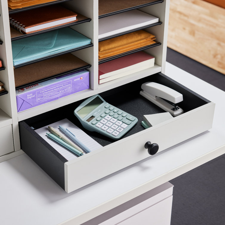 Gray Compressed Wood 32-Compartment Literature Organizer with Adjustable Shelves