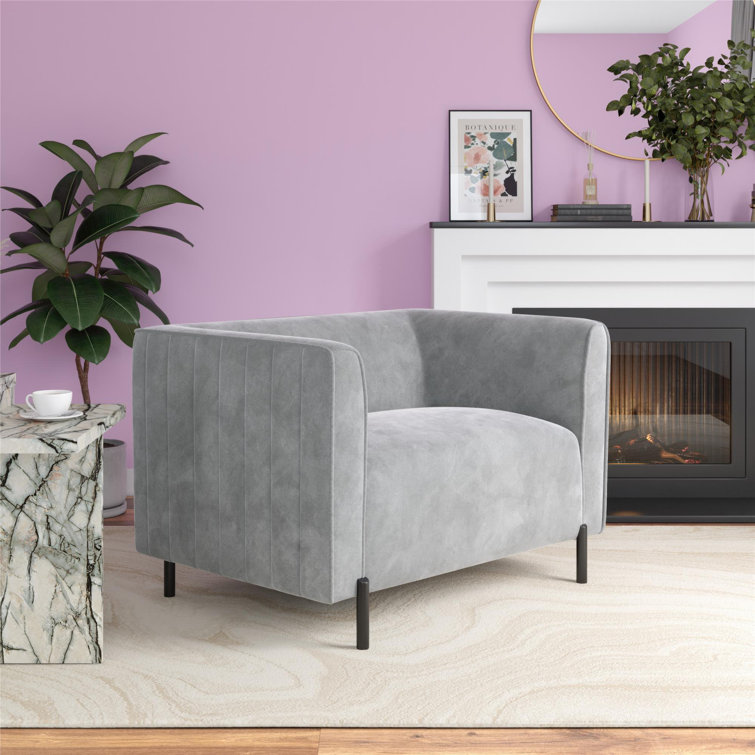 Light Gray Velvet Ribbed Accent Chair with Black Metal Legs