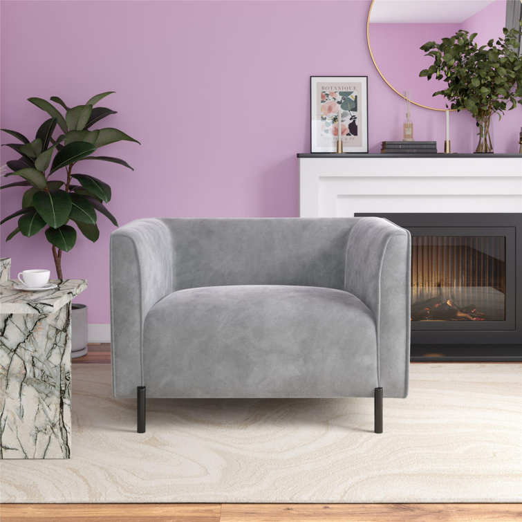 Light Gray Velvet Ribbed Accent Chair with Black Metal Legs