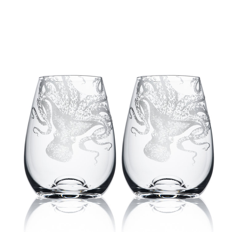 Lucy Octopus Hand-Etched Lead-Free Crystal Stemless Wine Glasses Set of 2