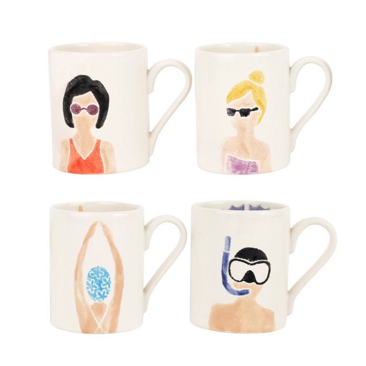 White Ceramic Beach-Themed 14oz Mug Set