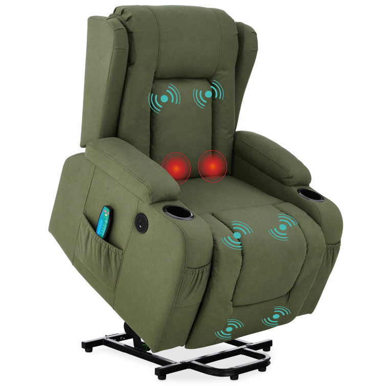 Olive Faux Leather Swivel Recliner with Massage and Cup Holders