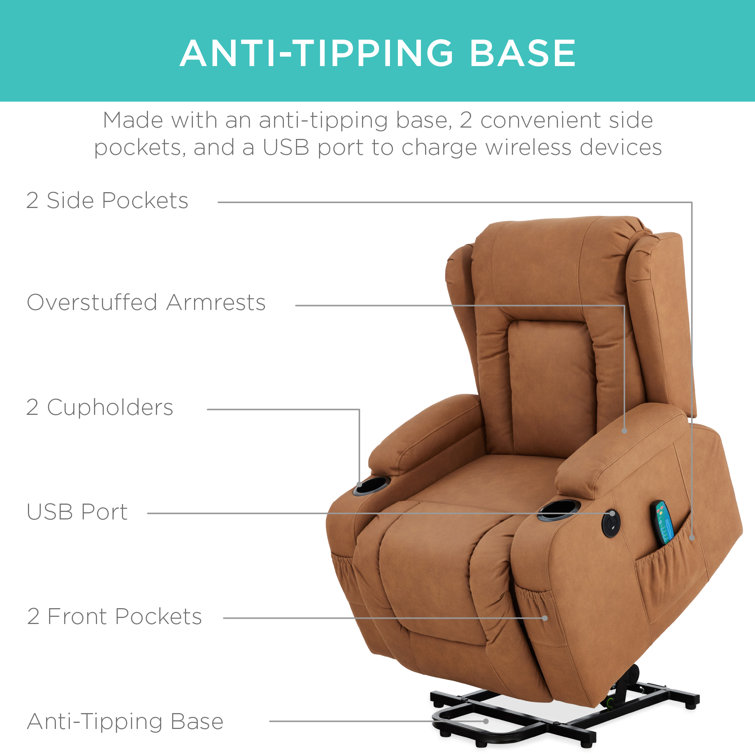 Cognac Faux Leather Power Lift Recliner with Massage and Heat