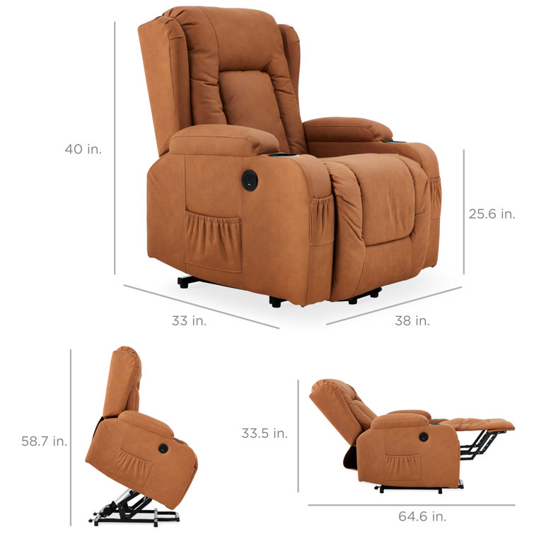 Cognac Faux Leather Power Lift Recliner with Massage and Heat