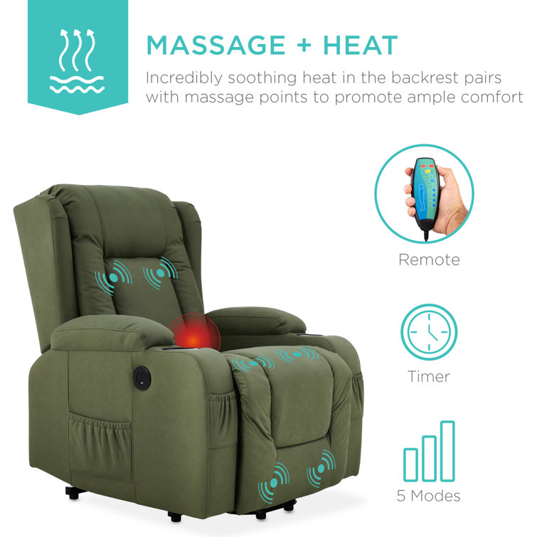 Olive Faux Leather Swivel Recliner with Massage and Cup Holders