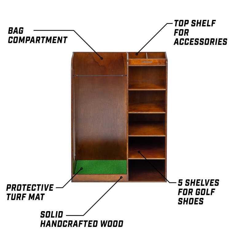 Premium Brown Wooden Freestanding Golf Bag Organizer and Storage Rack