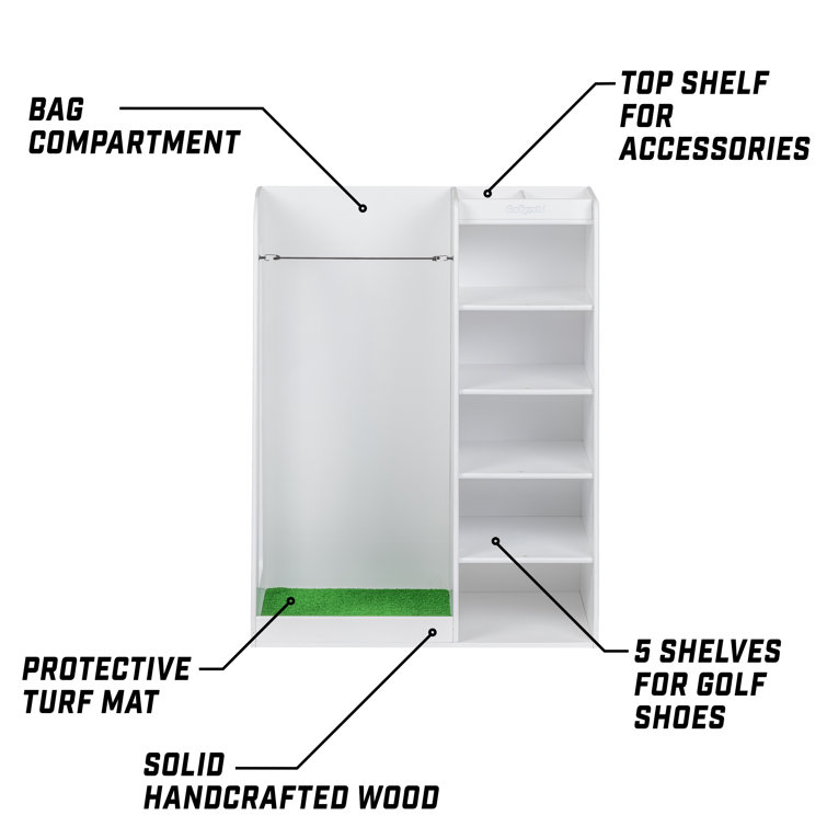 White Wooden Freestanding Golf Bag Organizer with Multiple Shelves