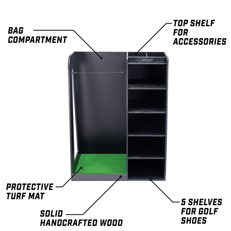 Black Wooden Freestanding Golf Bag Organizer with Multiple Compartments