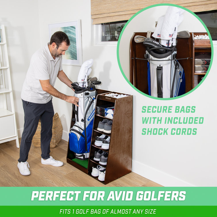 Premium Brown Wooden Freestanding Golf Bag Organizer and Storage Rack
