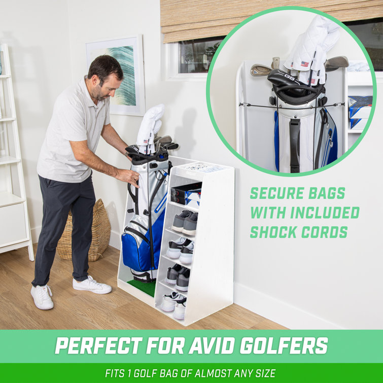 White Wooden Freestanding Golf Bag Organizer with Multiple Shelves