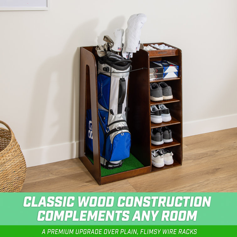 Premium Brown Wooden Freestanding Golf Bag Organizer and Storage Rack