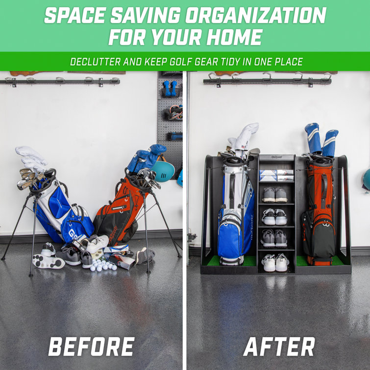 Black Wooden Double Golf Bag Organizer with Storage Shelves