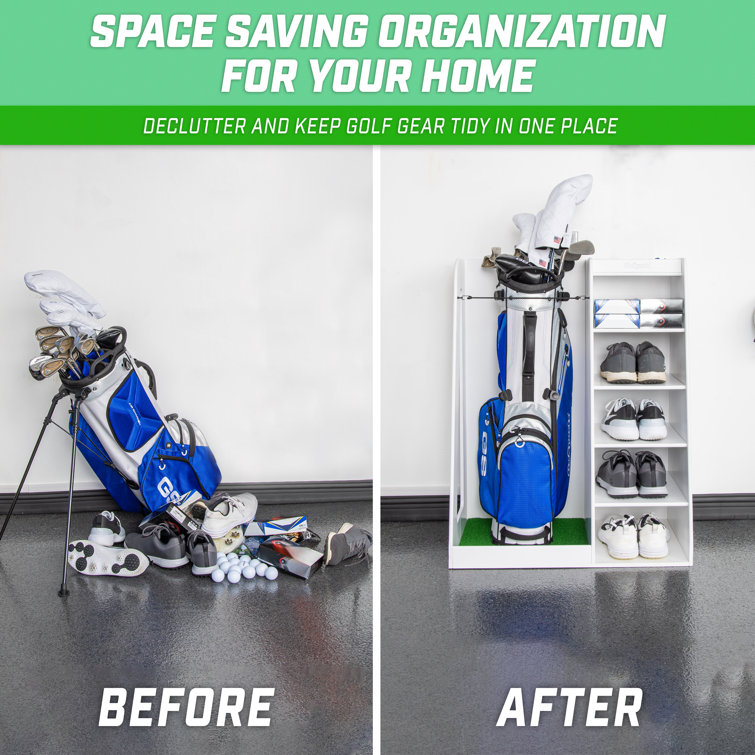 White Wooden Freestanding Golf Bag Organizer with Multiple Shelves