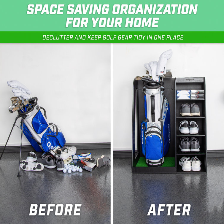 Black Wooden Freestanding Golf Bag Organizer with Multiple Compartments