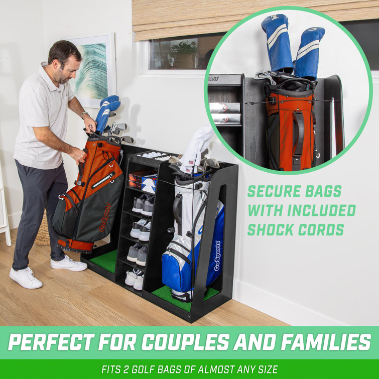 Black Wooden Double Golf Bag Organizer with Storage Shelves