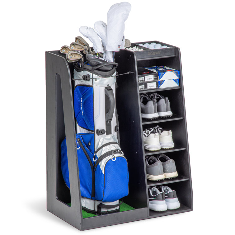 Black Wooden Freestanding Golf Bag Organizer with Multiple Compartments