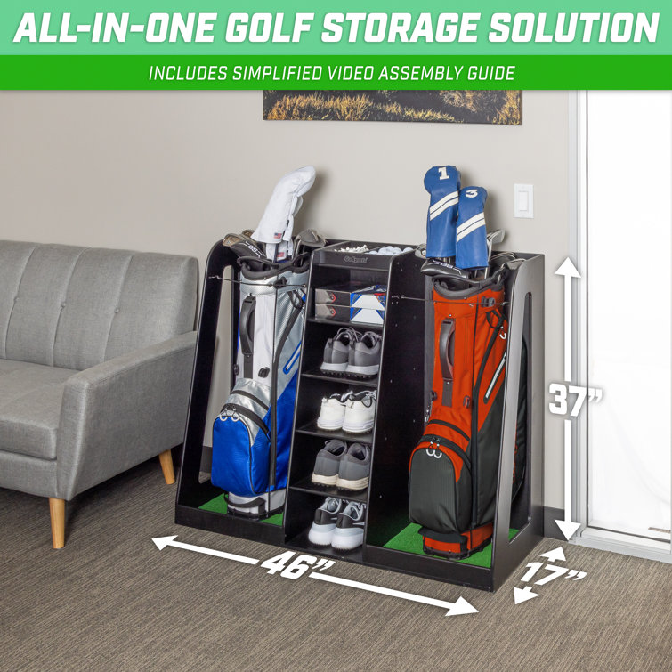 Black Wooden Double Golf Bag Organizer with Storage Shelves